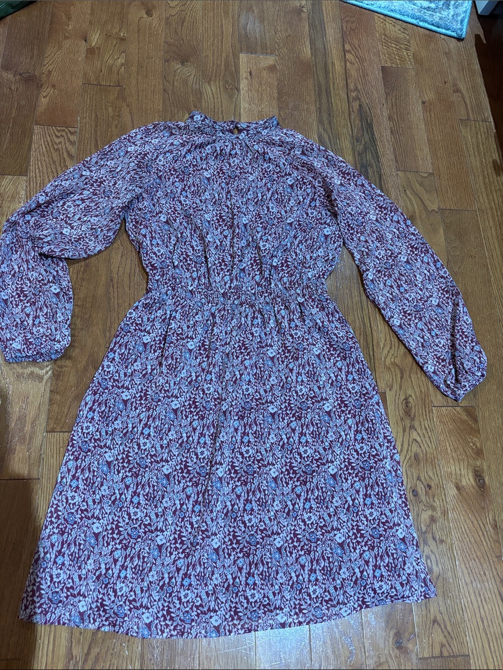 Ann Taylor Factory Burgundy Floral Long-Sleeve Smocked Waist Dress